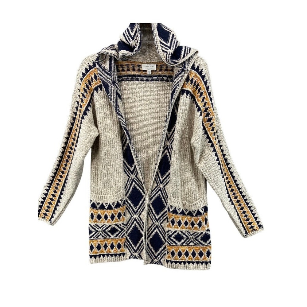 Lucky Brand Cardigan Womens Sz M Hooded Oatmeal Navy Geometric‎ Open Front Aztec